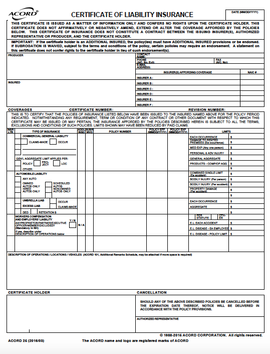 certificate of insurance